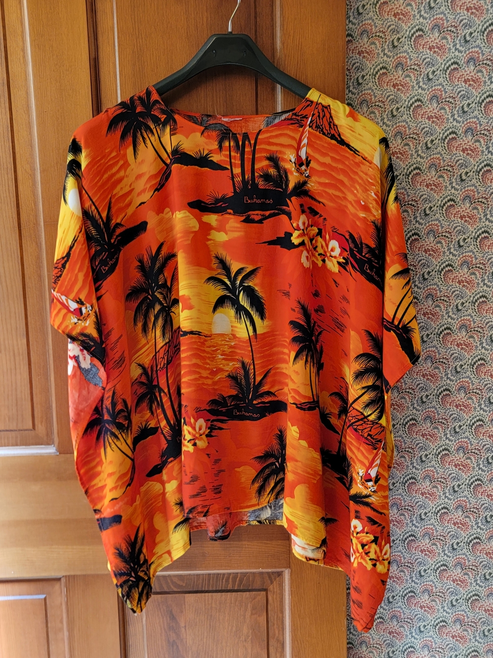 Vintage Bahamas Souvenir Poncho Caftan Top Sunset Tropical Print Oversized OSFM